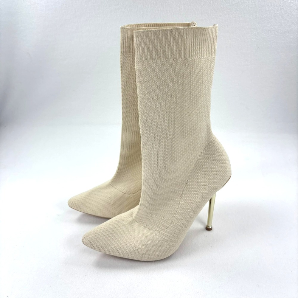 Knit Pointed Toe Sock Booties Stiletto Ivory Cream 4.5" High Heels Size 8.5 - Picture 4 of 14